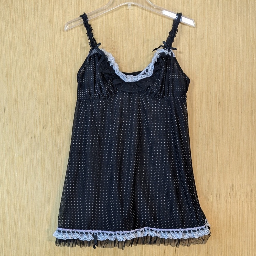 Jezebel‎ Polka Dot Mesh Babydoll Chemise Black White Coquette Lace Trim Bows 1X